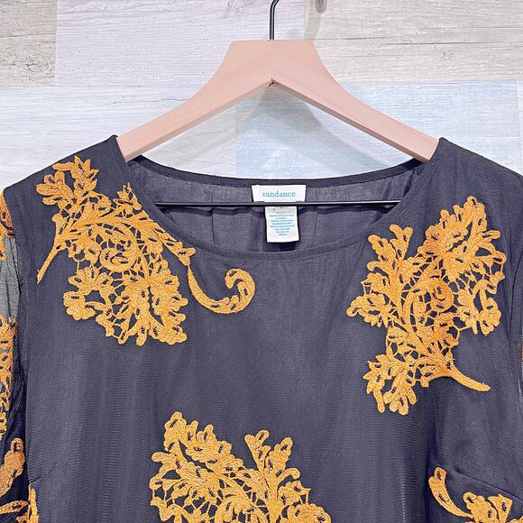 SUNDANCE Sheer Floral Embroidered Top Black Brown Tulle Beaded Boho Womens Large - Picture 3 of 8